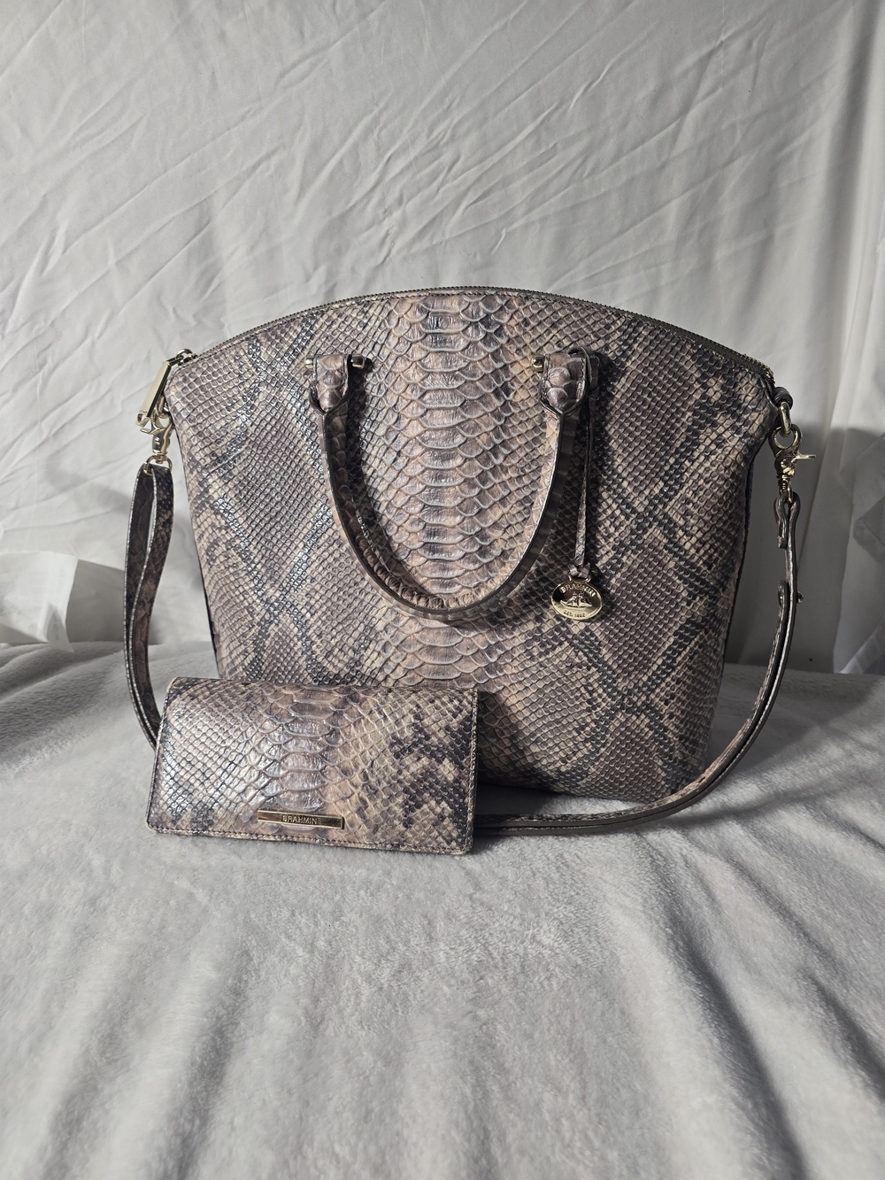Brahmin Beige Snake-Embossed Tote with Matching Wallet
